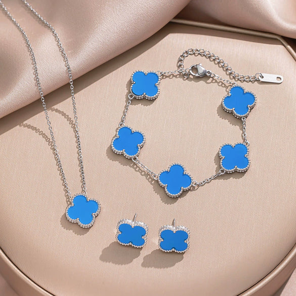 Fourleaf Clover Titanium Steel Necklace Bracelet Earrings Threepiece Set Light Luxury Style O Word Chain Electroplated In Vacuum Furnace