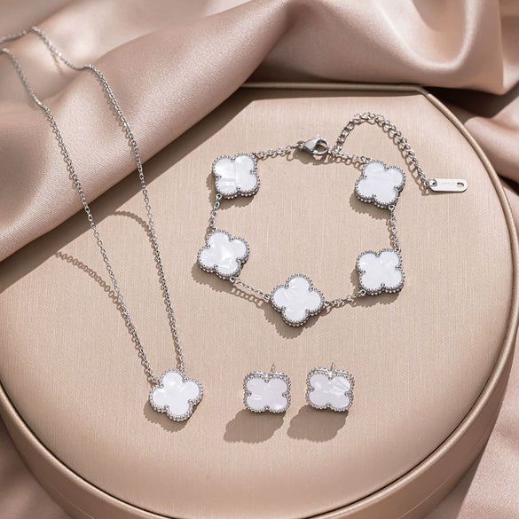 Fourleaf Clover Titanium Steel Necklace Bracelet Earrings Threepiece Set Light Luxury Style O Word Chain Electroplated In Vacuum Furnace