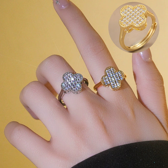Fourleaf Clover Unisex Ring Copper Goldplated With Geometric Design And Diamond Processing