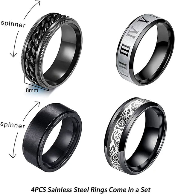 Fourpiece Jewelry Set Stainless Steel Rotating Decompression Rings Geometric Electroplated Unisex