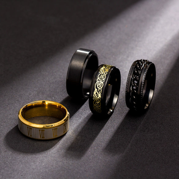 Fourpiece Jewelry Set Stainless Steel Rotating Decompression Rings Geometric Electroplated Unisex