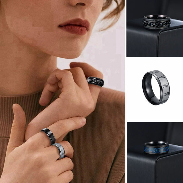 Fourpiece Jewelry Set Stainless Steel Rotating Decompression Rings Geometric Electroplated Unisex