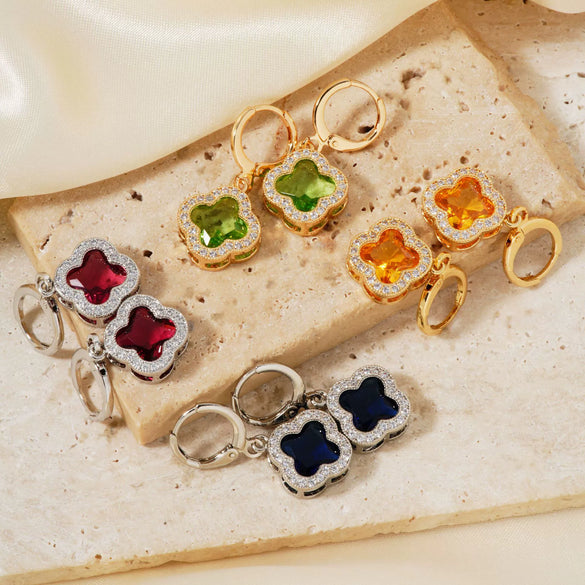Fragrant Fourleaf Clover Earrings Copper Zircon Glass Geometric Fashion Electroplating
