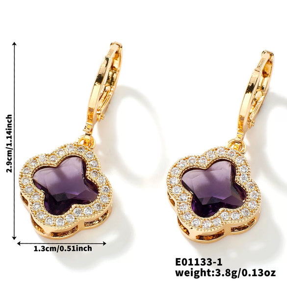 Fragrant Fourleaf Clover Earrings Copper Zircon Glass Geometric Fashion Electroplating