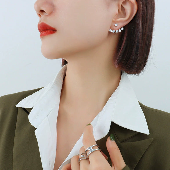 Freely Adjustable Threehole Design Zircon Inlaid Titanium Steel Earrings With Geometric Pattern And 18K Real Gold Plated