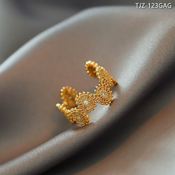 French Retro Daisy Open Ring For Women Copper Electroplated Floral Pattern Adjustable Fashion Ring