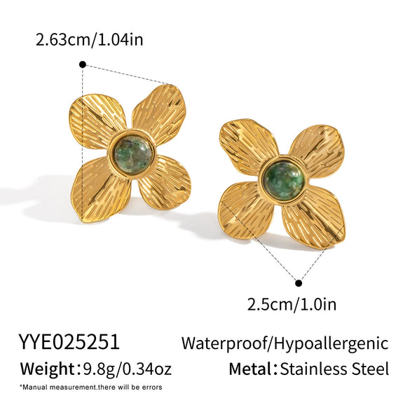 French Retro Flower African Turquoise Earrings For Women 304 Stainless Steel Non Fading 18K Real Gold Electroplated