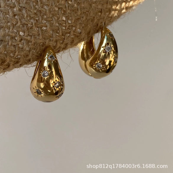 French Retro Gold Plated U Shape Earrings With Zircon Metal Ball And Eight Pointed Star Design For Women