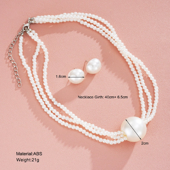 French Retro Stacking Style Multi Layered Imitation Pearl Earrings Necklace Set For Women With Electroplating