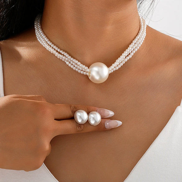 French Retro Stacking Style Multi Layered Imitation Pearl Earrings Necklace Set For Women With Electroplating