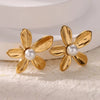 French Retro Stainless Steel Electroplated Flower Imitation Pearl Earrings For Women