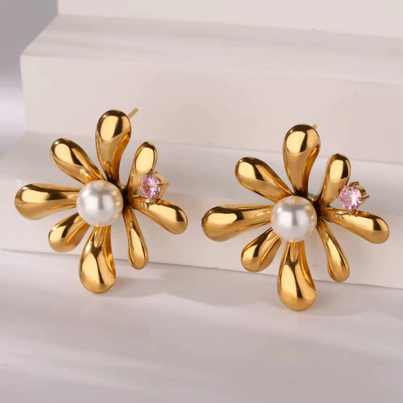 French Retro Stainless Steel Electroplated Flower Imitation Pearl Earrings For Women