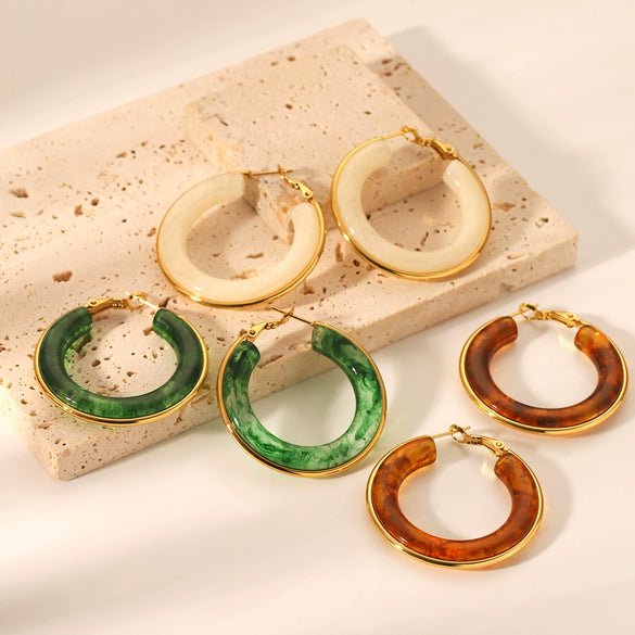 French Retro Style Stainless Steel And Resin Round Earrings With Geometric Pattern Electroplated For Women
