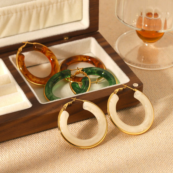 French Retro Style Stainless Steel And Resin Round Earrings With Geometric Pattern Electroplated For Women