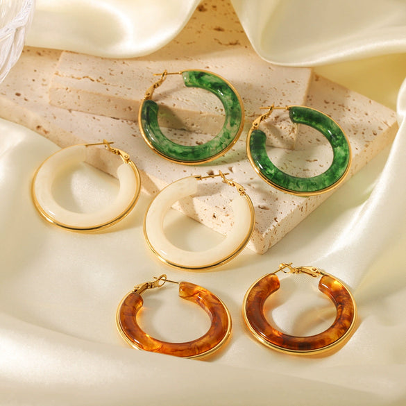 French Retro Style Stainless Steel And Resin Round Earrings With Geometric Pattern Electroplated For Women