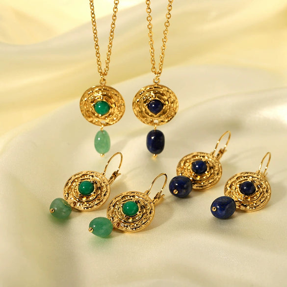 French Retro Titanium Steel Necklace With Natural Stone Inlaid Stainless Steel Clavicle Chain Gold Plated Non Fading Jewelry