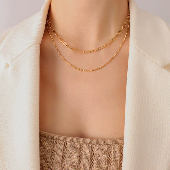 French Style Minimal Double Layer Chain Necklace Titanium Steel 18K Gold Plated Clavicle Chain