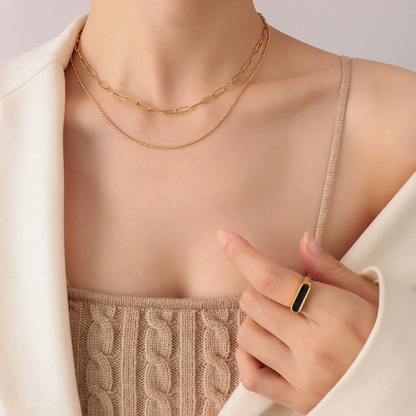 French Style Minimal Double Layer Chain Necklace Titanium Steel 18K Gold Plated Clavicle Chain