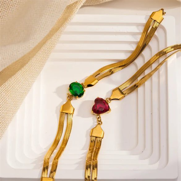 French Style Oval Heart Shape 304 Stainless Steel 18K Gold Plated Rhinestones Bracelets In Bulk