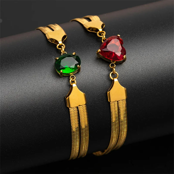 French Style Oval Heart Shape 304 Stainless Steel 18K Gold Plated Rhinestones Bracelets In Bulk