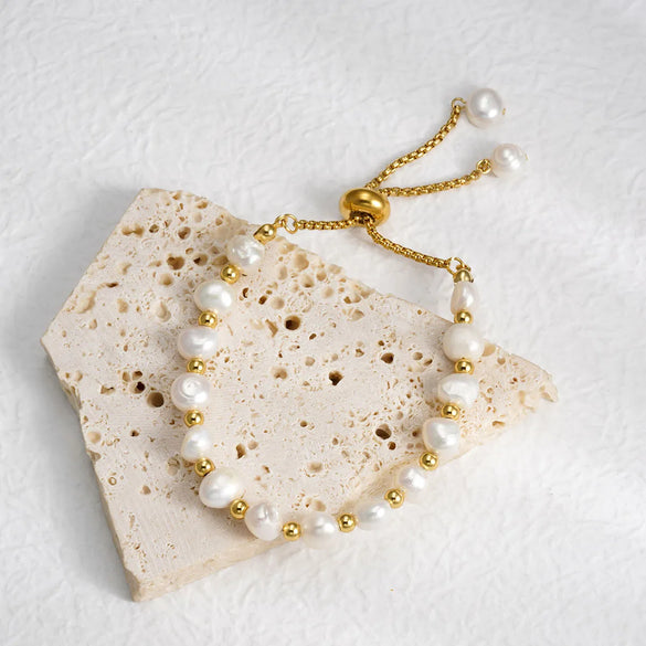 French Style Simple Style Round 304 Stainless Steel Freshwater Pearl 18K Gold Plated Freshwater Pearl Bracelets In Bulk