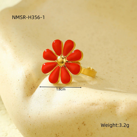 Fresh And Sweet Daisy Pattern Titanium Steel Bracelet And Flower Ring Set With Electroplating For Women