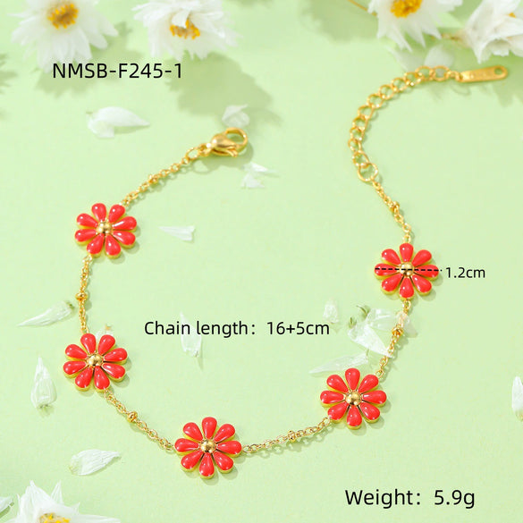 Fresh And Sweet Daisy Pattern Titanium Steel Bracelet And Flower Ring Set With Electroplating For Women