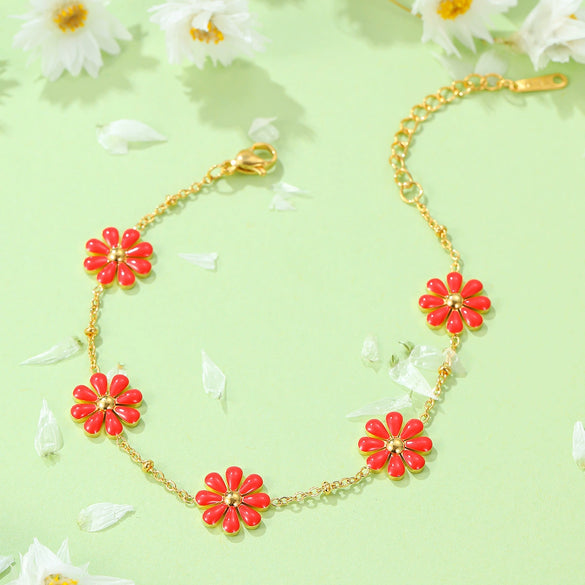 Fresh And Sweet Daisy Pattern Titanium Steel Bracelet And Flower Ring Set With Electroplating For Women