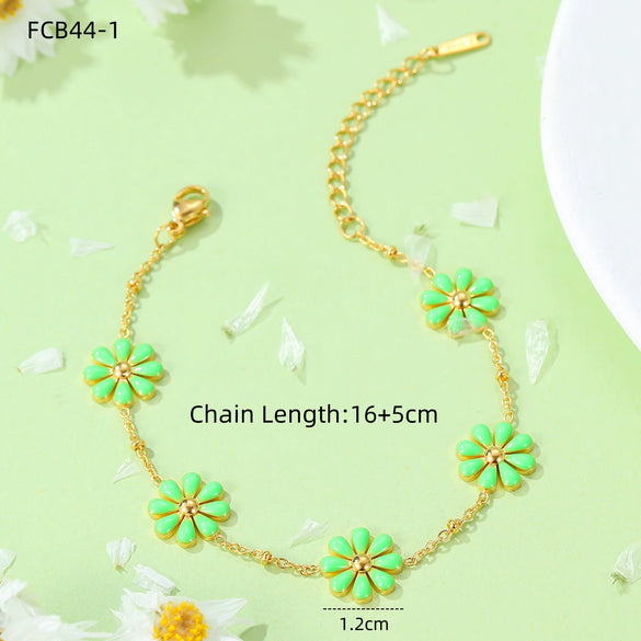 Fresh And Sweet Daisy Pattern Titanium Steel Bracelet And Flower Ring Set With Electroplating For Women