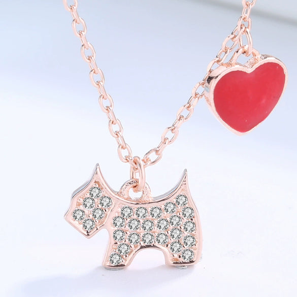 Fresh Full Zircon Puppy Pendant Heart Necklace For Women In S925 Sterling Silver Electroplated Fashion Jewelry