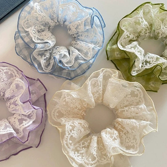 Fresh Lace Plaid Gauze Handmade Scrunchie Hair Tie Hair Rope Hairband