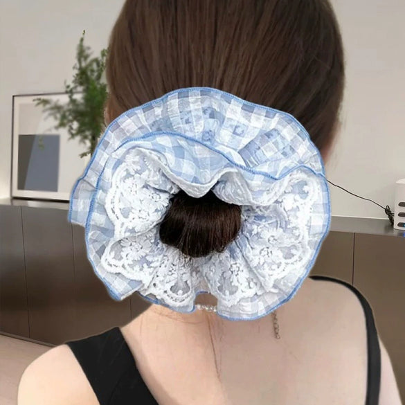Fresh Lace Plaid Gauze Handmade Scrunchie Hair Tie Hair Rope Hairband