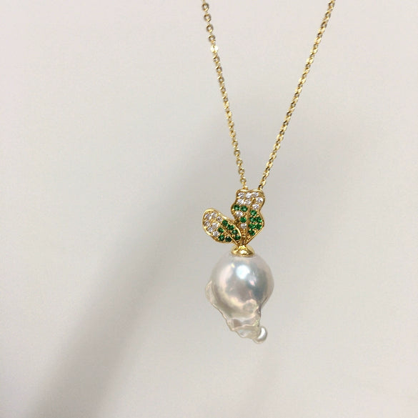 Freshwater Baroque Pearl Pendant With Micropaved Zircon And Copper Accessory