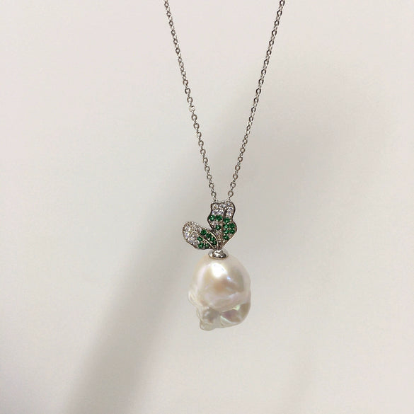 Freshwater Baroque Pearl Pendant With Micropaved Zircon And Copper Accessory