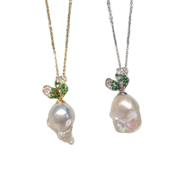 Freshwater Baroque Pearl Pendant With Micropaved Zircon And Copper Accessory