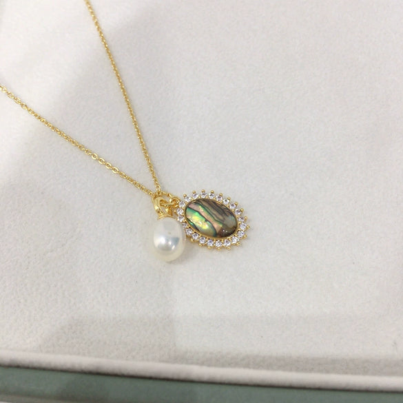 Freshwater Pearl And Abalone Shell Pendant Jewelry Retro Oval Dropshaped Copper And Freshwater Pearls Minimalist Style