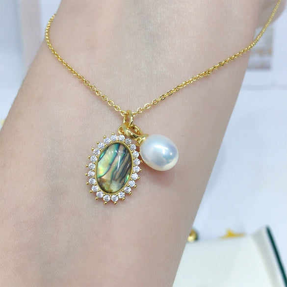 Freshwater Pearl And Abalone Shell Pendant Jewelry Retro Oval Dropshaped Copper And Freshwater Pearls Minimalist Style