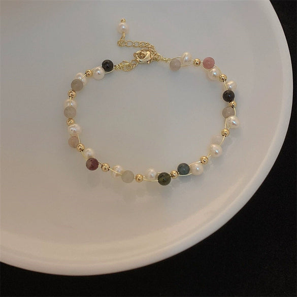 Freshwater Pearl And Copper Plated Gold Woven Bracelet With Geometric Design Strawberry Crystal And Natural Stone French Retro And Simple Style For Women