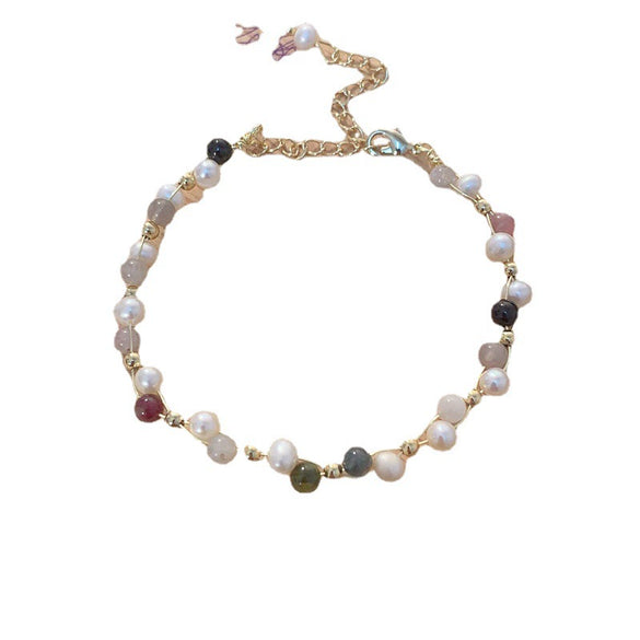 Freshwater Pearl And Copper Plated Gold Woven Bracelet With Geometric Design Strawberry Crystal And Natural Stone French Retro And Simple Style For Women