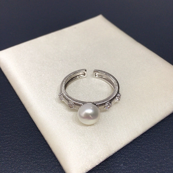 Freshwater Pearl And Copper Ring In Vintage Court Style With Brushed Zircon For Women