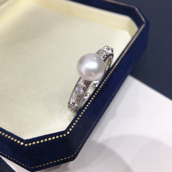 Freshwater Pearl And Copper Ring In Vintage Court Style With Brushed Zircon For Women