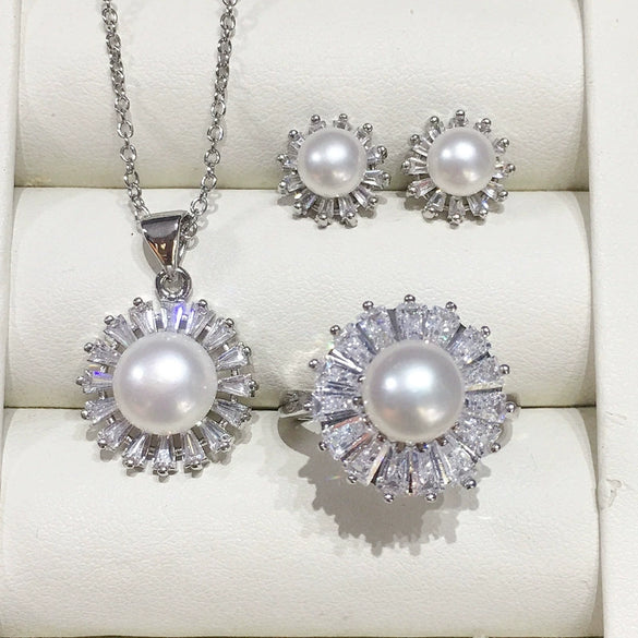 Freshwater Pearl And Diamondencrusted Jewelry Set Pendant Earrings Ring