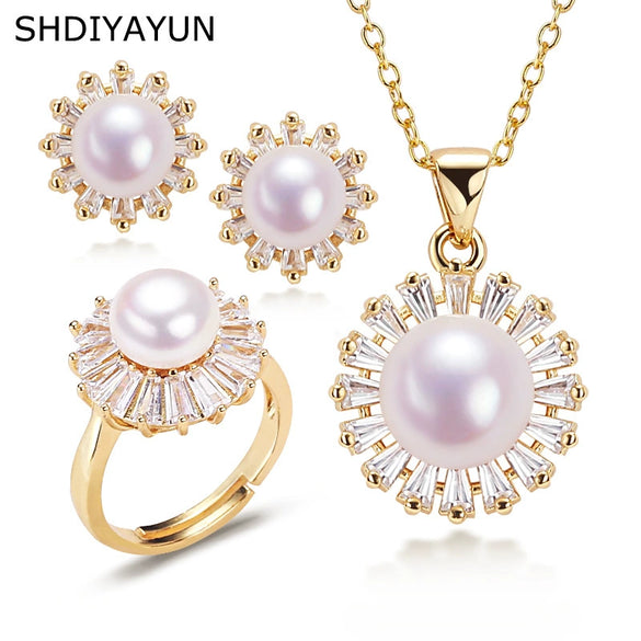 Freshwater Pearl And Diamondencrusted Jewelry Set Pendant Earrings Ring