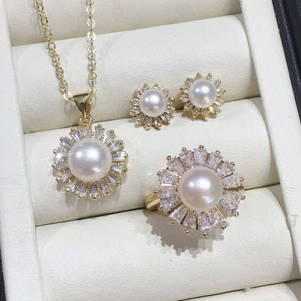 Freshwater Pearl And Diamondencrusted Jewelry Set Pendant Earrings Ring