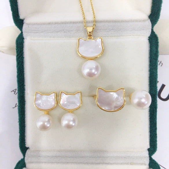 Freshwater Pearl And Sea Shell Jewelry Set With Cat Design
