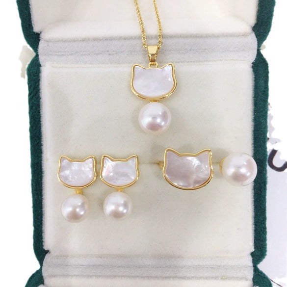 Freshwater Pearl And Sea Shell Jewelry Set With Cat Design