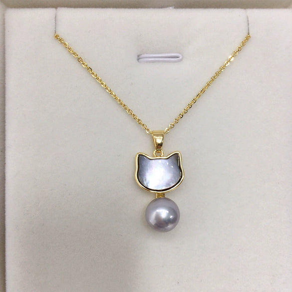 Freshwater Pearl And Sea Shell Jewelry Set With Cat Design
