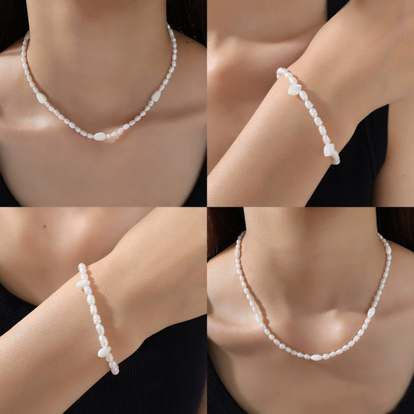 Freshwater Pearl Beaded Necklace Bracelet 316L Stainless Steel 18K Gold Plated For Women