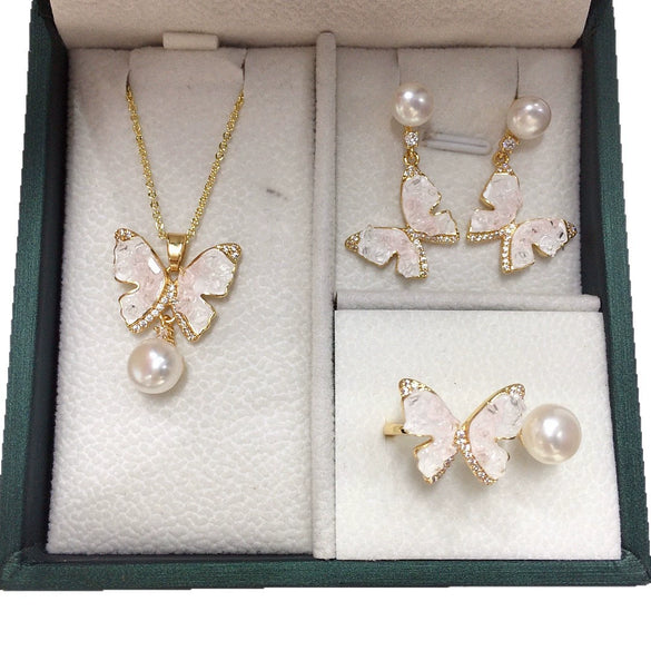 Freshwater Pearl Butterfly Pendant Jewelry Set