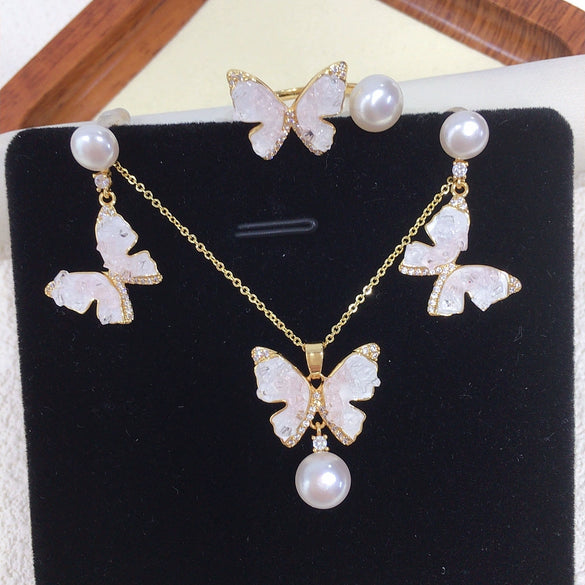 Freshwater Pearl Butterfly Pendant Jewelry Set